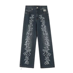 Revenge Smoke embroidered thorns, European and American high street jeans, loose straight leisure trousers, men and women, the same paragraph (2)