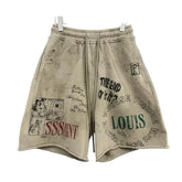 SSSAINT LOUIS Graffiti Vintage Letter Printed Shorts for Men and Women Loose Strap Street Casual Pentagram Pants