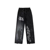 American high street SSSAINT LOUIS dirty old graffiti print made old sweatpants straight leg casual pants couple same style (1)