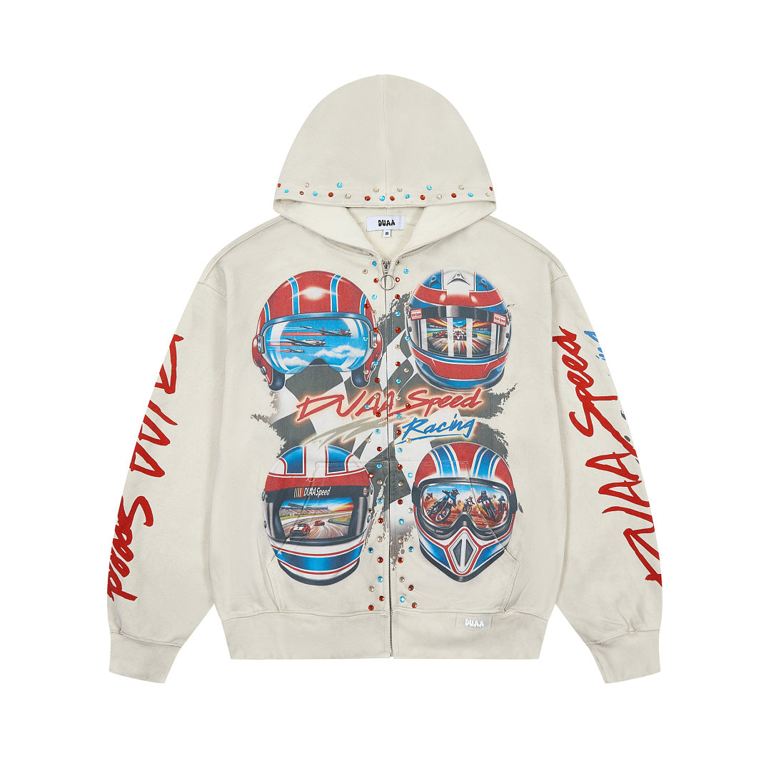 DUAA Racing Helmet Studded Zip Hoodie