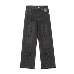 Revenge Smoke embroidered thorns, European and American high street jeans, loose straight leisure trousers, men and women, the same paragraph (1)