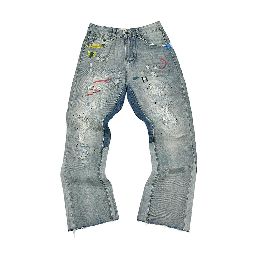Gallery Depot American retro graffiti printed jeans for men and women, loose straight leg wide leg floor length pants