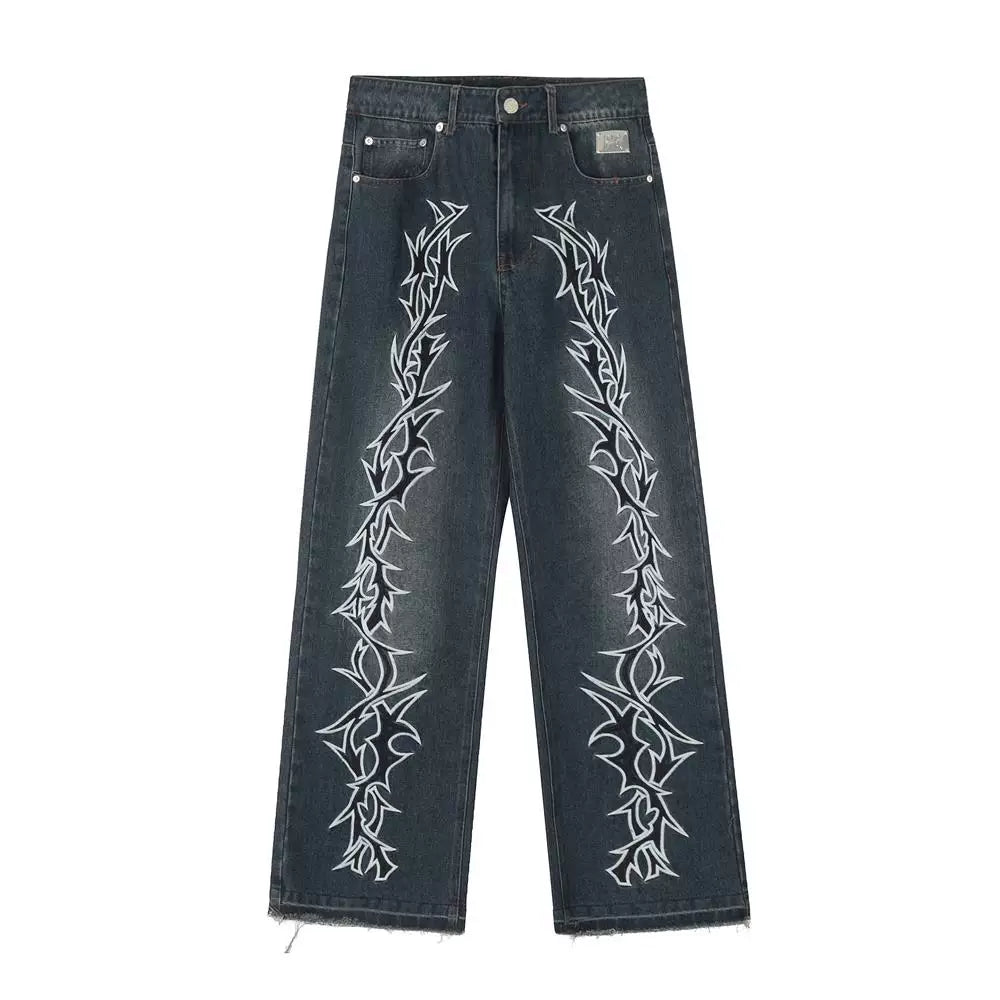 Revenge Smoke embroidered thorns, European and American high street jeans, loose straight leisure trousers, men and women, the same paragraph (2)