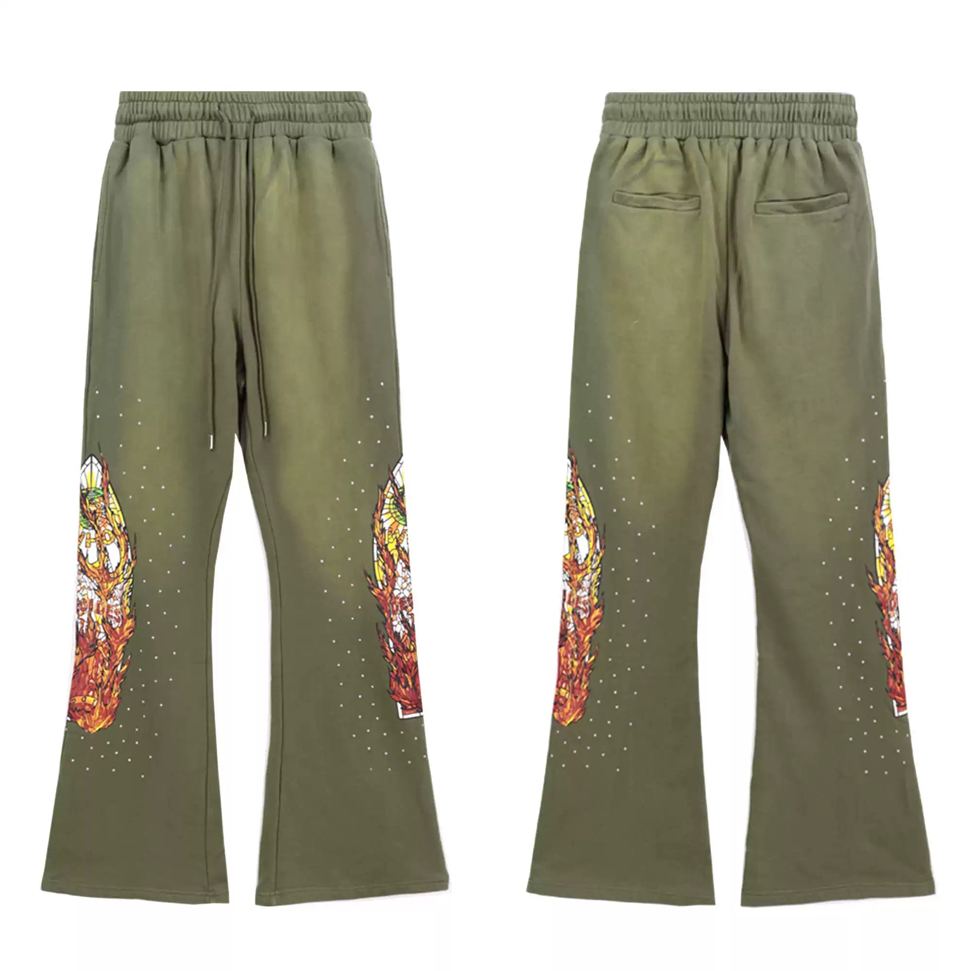 Who Decisions War on American High Street, Flame Printed Laundry, Ironed Diamond Bellbottom Pants, Couple Pants, Trendy