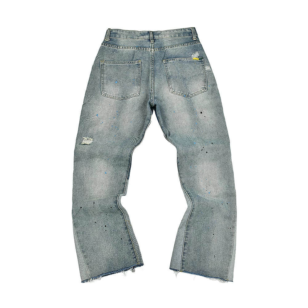 Gallery Depot American retro graffiti printed jeans for men and women, loose straight leg wide leg floor length pants