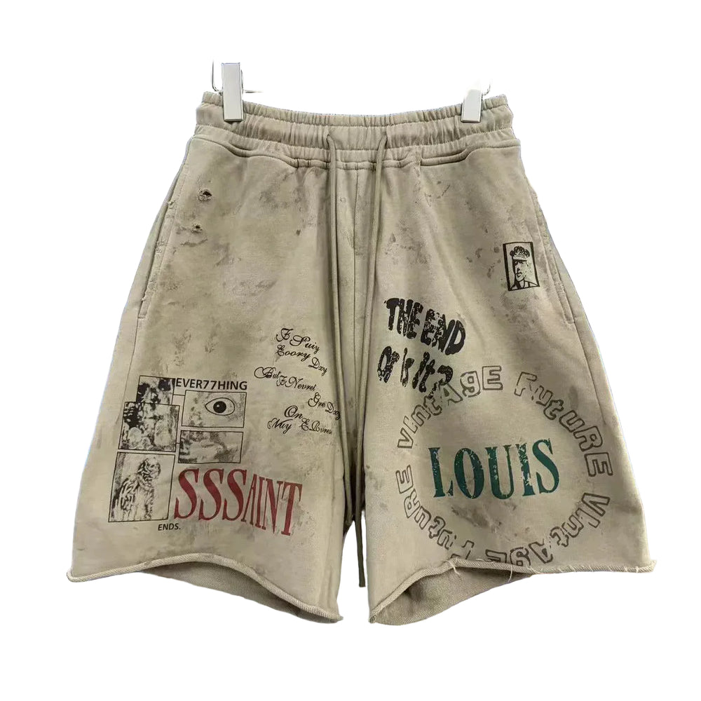 SSSAINT LOUIS Graffiti Vintage Letter Printed Shorts for Men and Women Loose Strap Street Casual Pentagram Pants