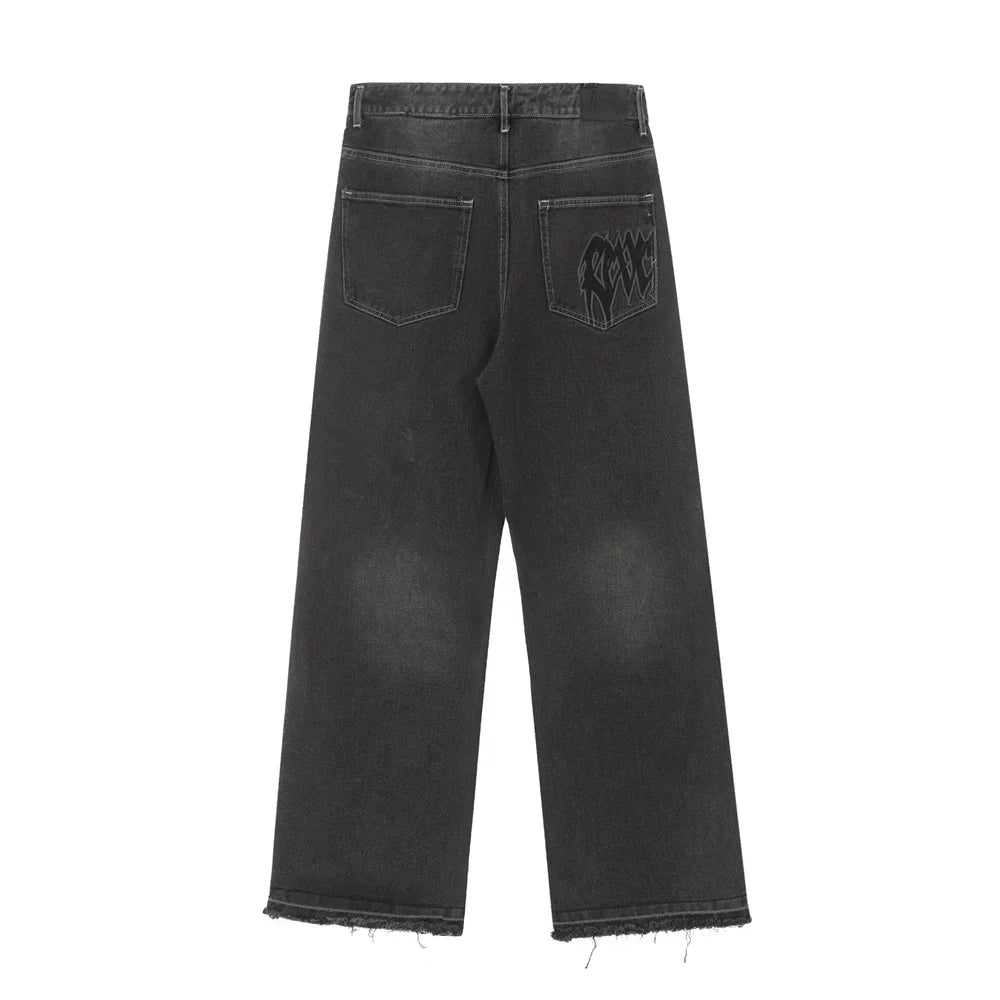 Revenge Smoke embroidered thorns, European and American high street jeans, loose straight leisure trousers, men and women, the same paragraph (1)