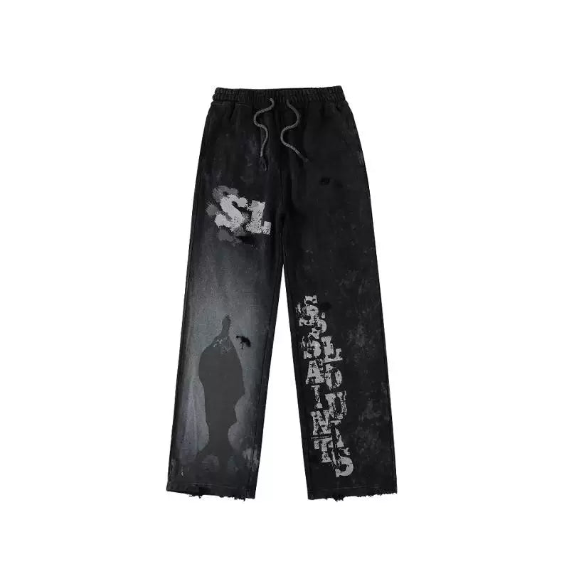 American high street SSSAINT LOUIS dirty old graffiti print made old sweatpants straight leg casual pants couple same style (1)