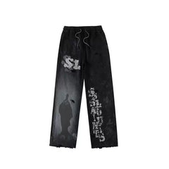 American high street SSSAINT LOUIS dirty old graffiti print made old sweatpants straight leg casual pants couple same style (1)