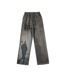 American high street SSSAINT LOUIS dirty old graffiti print made old sweatpants straight leg casual pants couple same style (2)