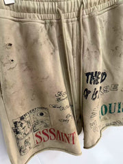 SSSAINT LOUIS Graffiti Vintage Letter Printed Shorts for Men and Women Loose Strap Street Casual Pentagram Pants